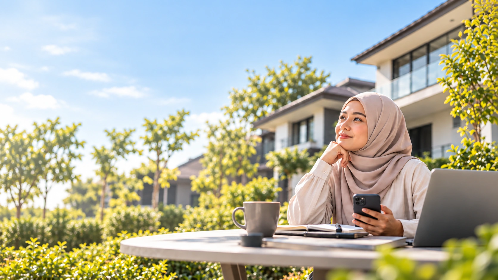Ilustrasi wanita berhijab berlengan panjang memegang telefon di hadapan kediaman.